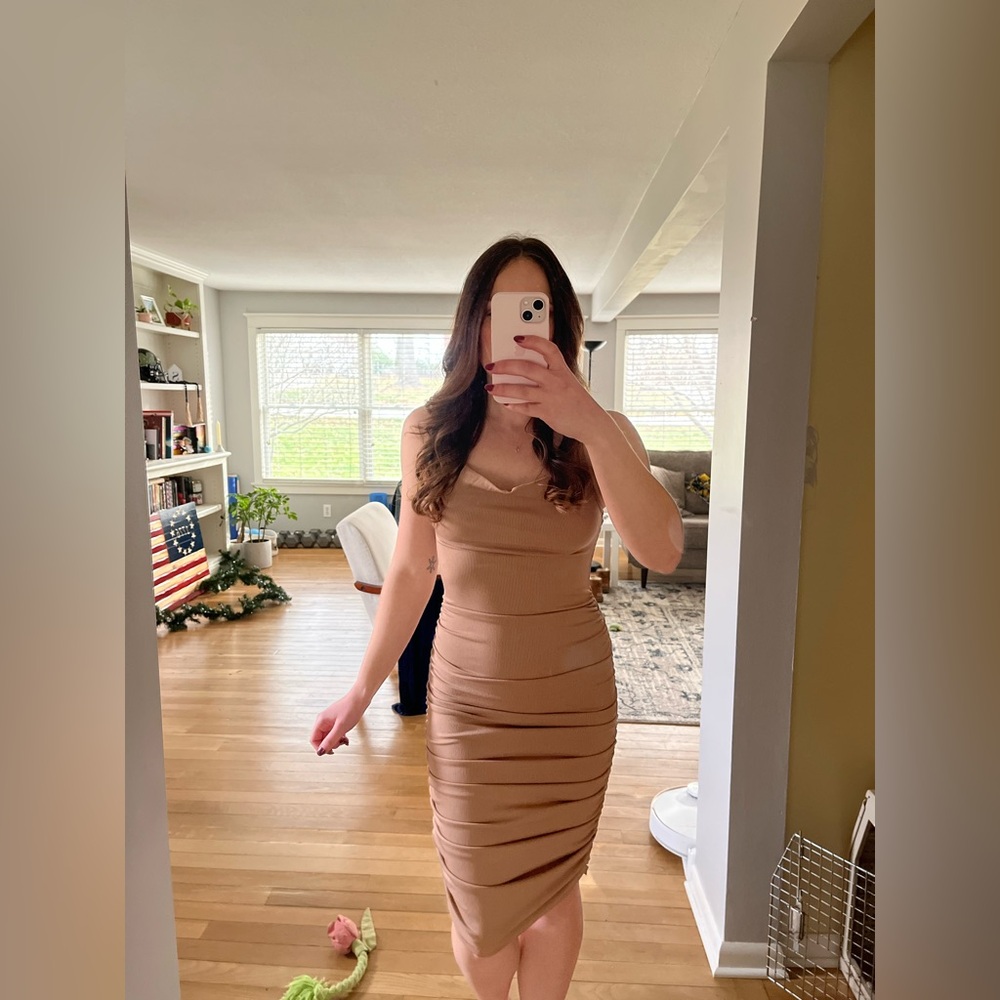 Elegant Tan Ruched Dress - Picture 5 of 5